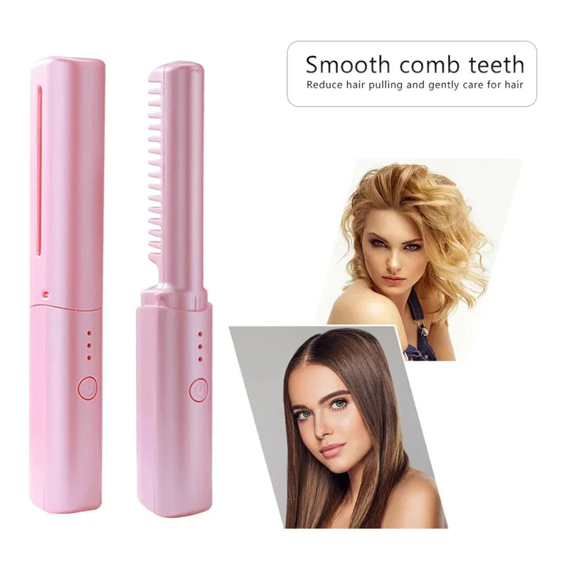 Professional Wireless Hair Straightener Curler Comb Fast Heating Negative Ion Straightening Curling Brush Hair Styling Tools